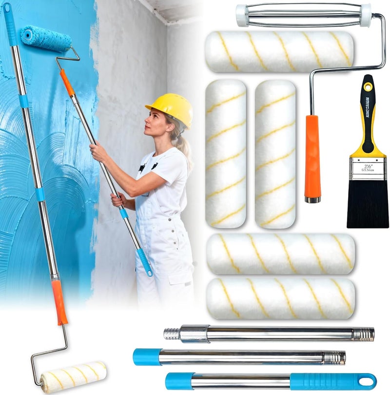 KingOrigin King Origin 10-Piece Paint Roller Kit with Extension Pole (5 ft), 9" Paint Roller Covers, Roller Frame, Paint Brush, House Paint Supplies for Painting Walls, Home Interior - Image 1